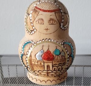 ​Hand-Burned Natural Wood Russian Matryoshka - Unique 7-Piece Set from Moscow.